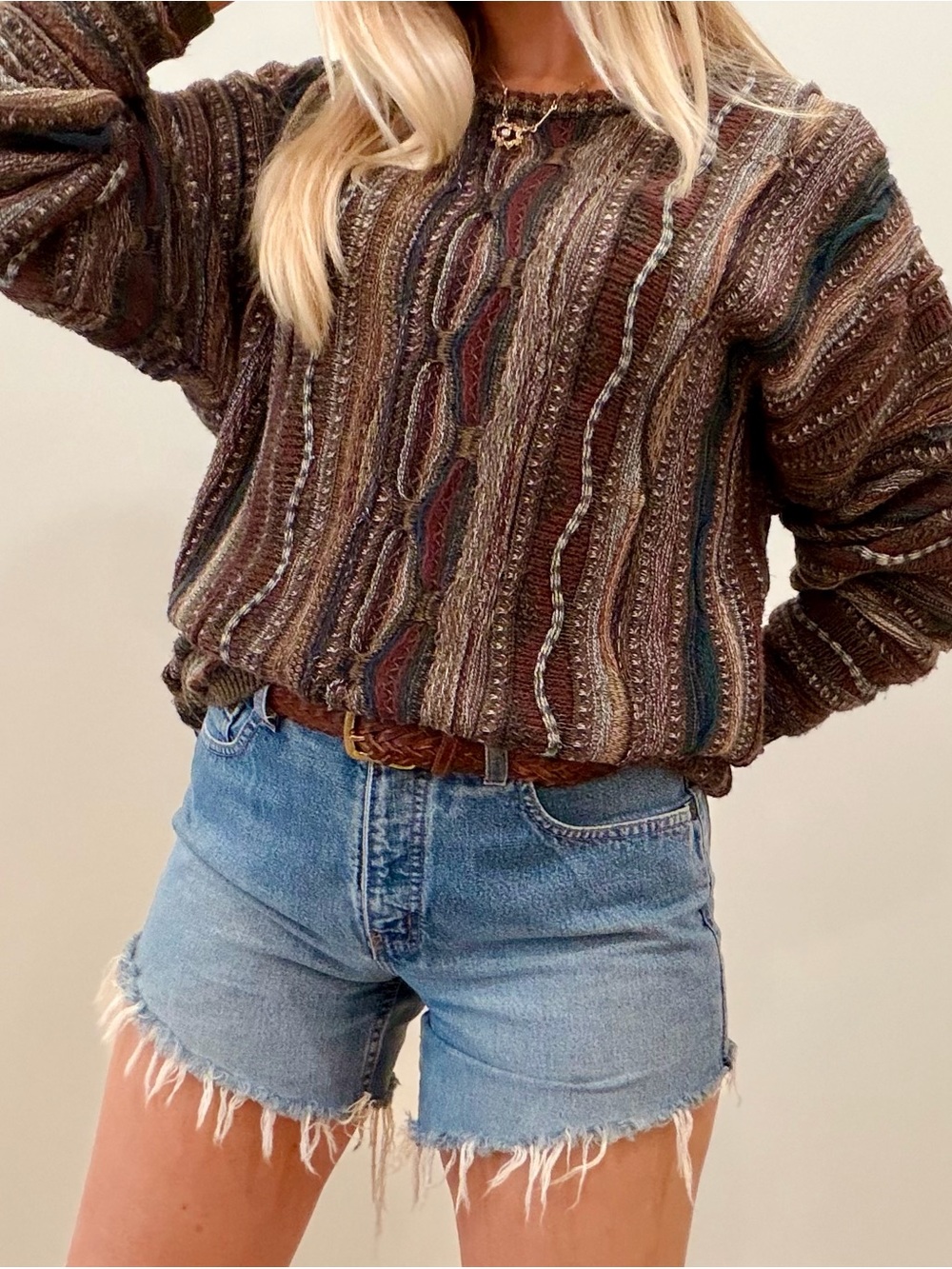 Vintage Coogi Style Earthy Textured Chunky Striped Crewneck Sweater